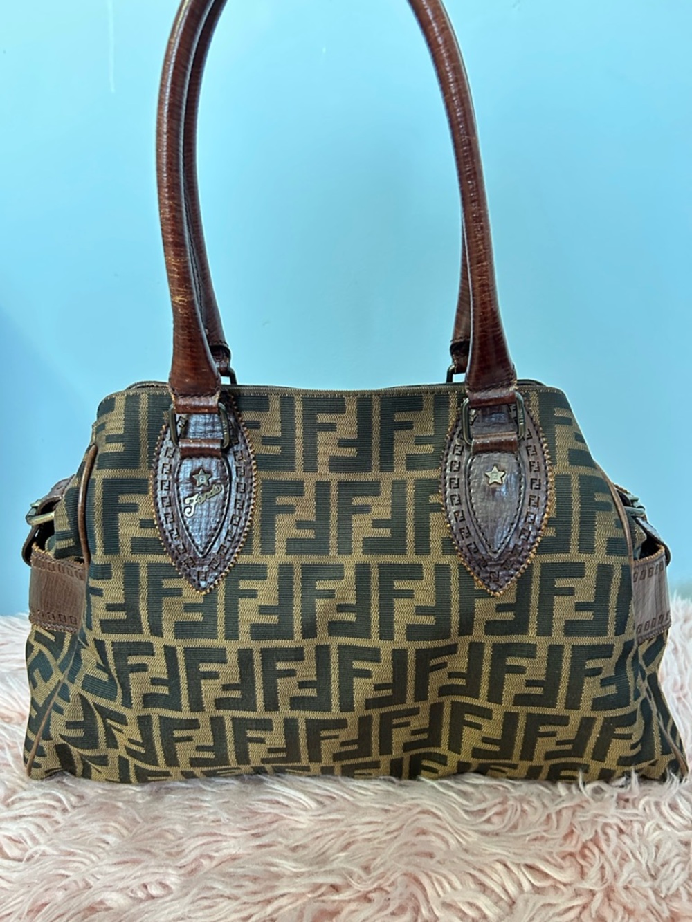 Vintage Fendi Tan and Brown Monogram Classic Shoulder/ Tote Bag Authentic